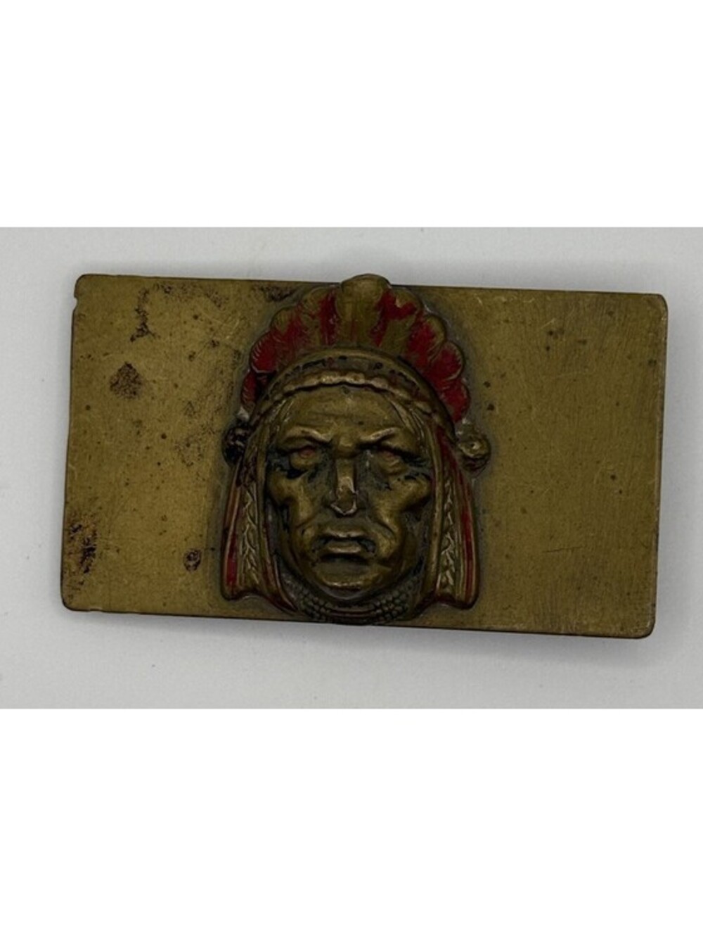 Vtg Solid Brass Indian Chief Native American Feathered Headdress Belt Buckle